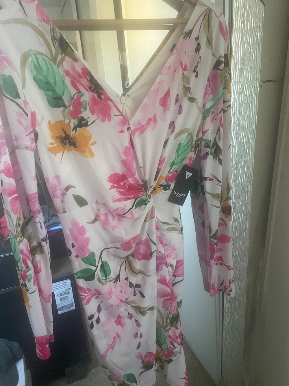 Guess Pink & White Floral Twist-Front Long Sleeve Dress